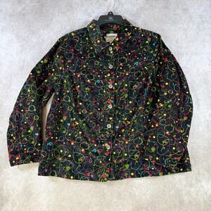 CJ Banks Corduroy Shirt Women Size X Black Multi Color Abstract Swirl Stretch